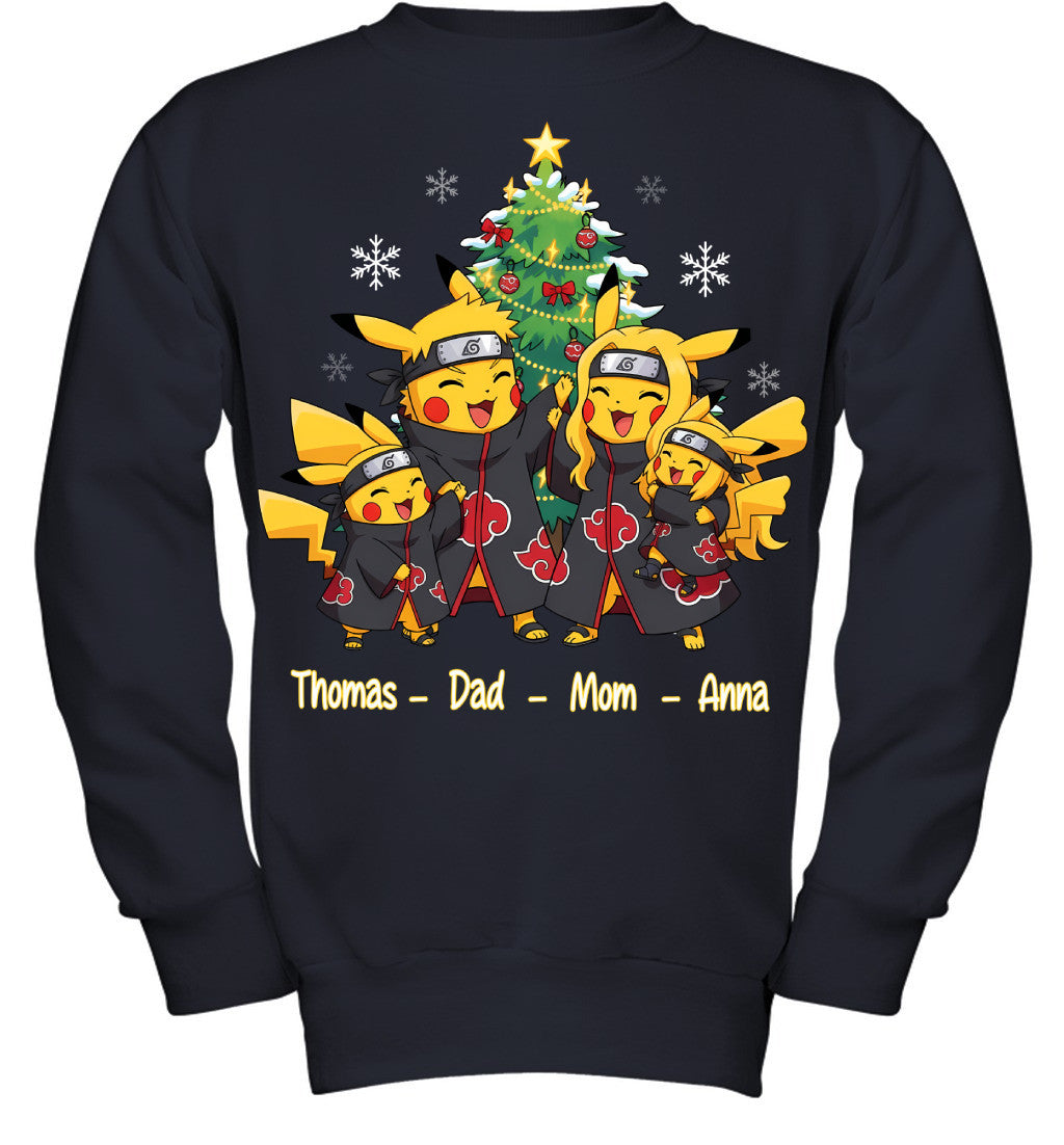 Pikachu x Uchiha Akatsuki Parents & Kids Custom Name Christmas T-Shirt for Family