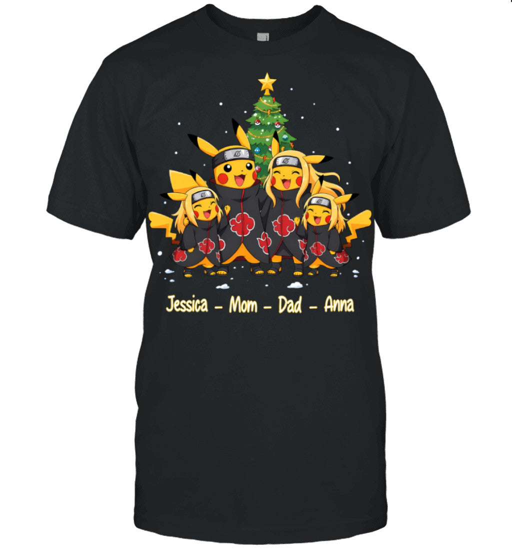 Pikachu x Uchiha Akatsuki Parents & Daughters Custom Name Christmas T-Shirt for Family