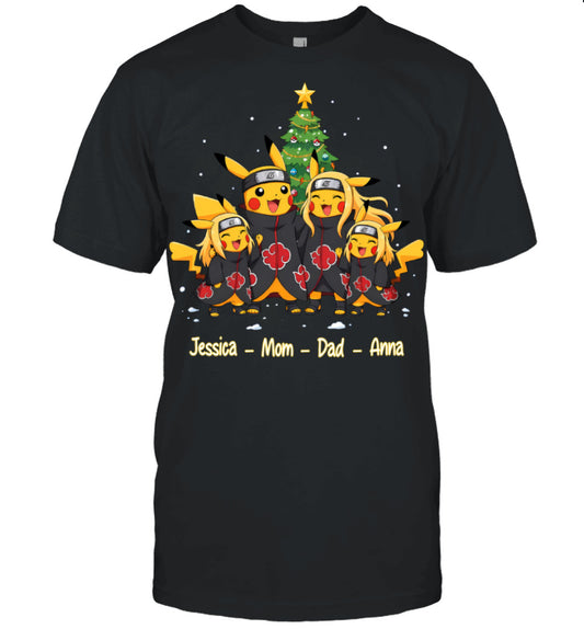 Pikachu x Uchiha Akatsuki Parents & Daughters Custom Name Christmas T-Shirt for Family