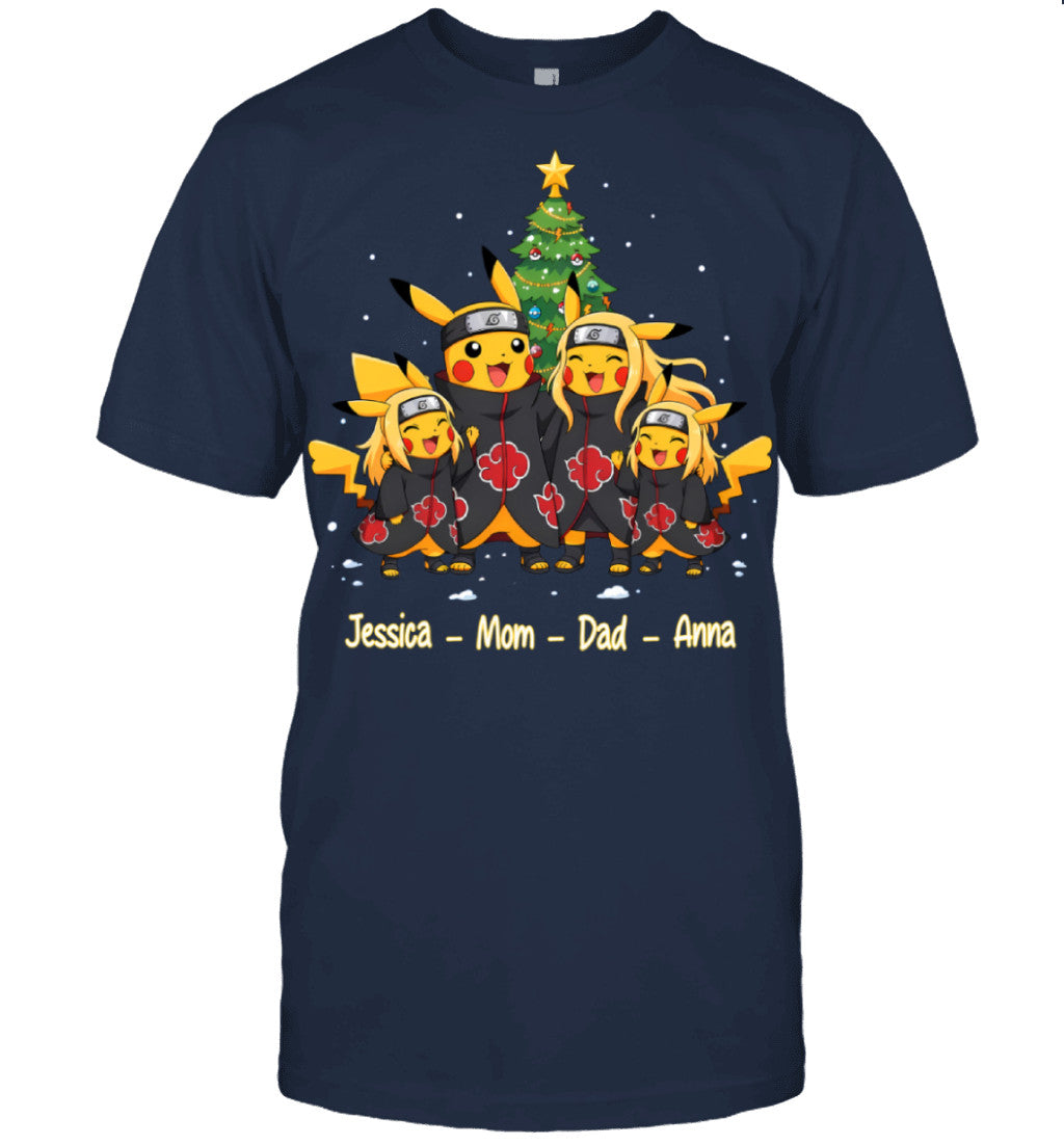 Pikachu x Uchiha Akatsuki Parents & Daughters Custom Name Christmas T-Shirt for Family