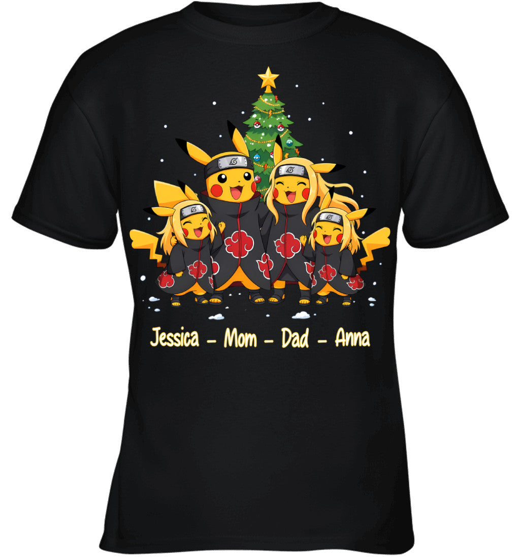 Pikachu x Uchiha Akatsuki Parents & Daughters Custom Name Christmas T-Shirt for Family
