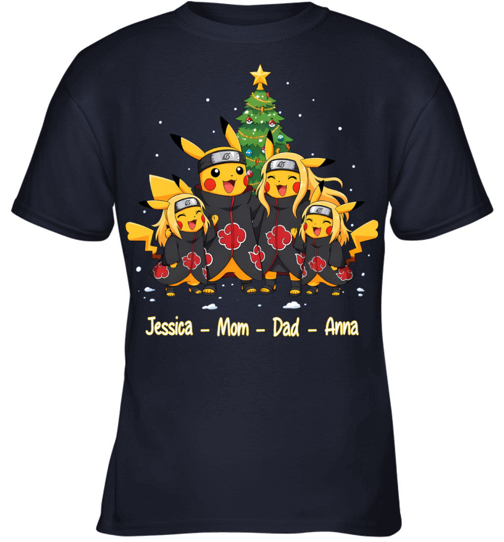 Pikachu x Uchiha Akatsuki Parents & Daughters Custom Name Christmas T-Shirt for Family