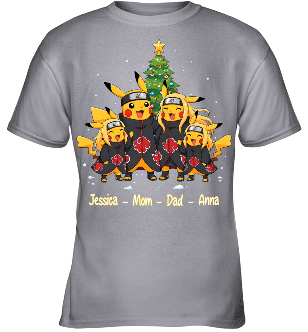 Pikachu x Uchiha Akatsuki Parents & Daughters Custom Name Christmas T-Shirt for Family