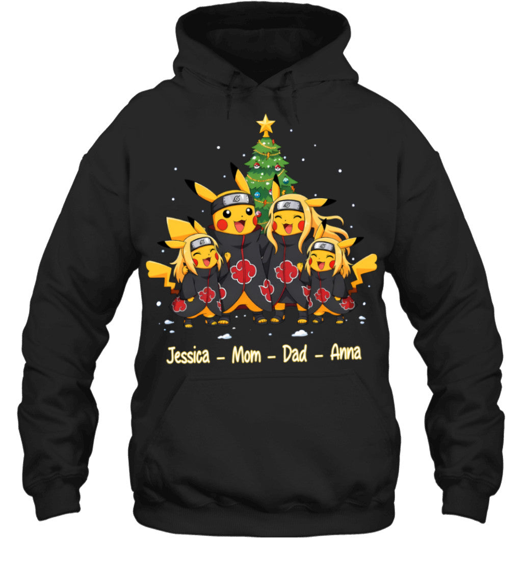 Pikachu x Uchiha Akatsuki Parents & Daughters Custom Name Christmas T-Shirt for Family
