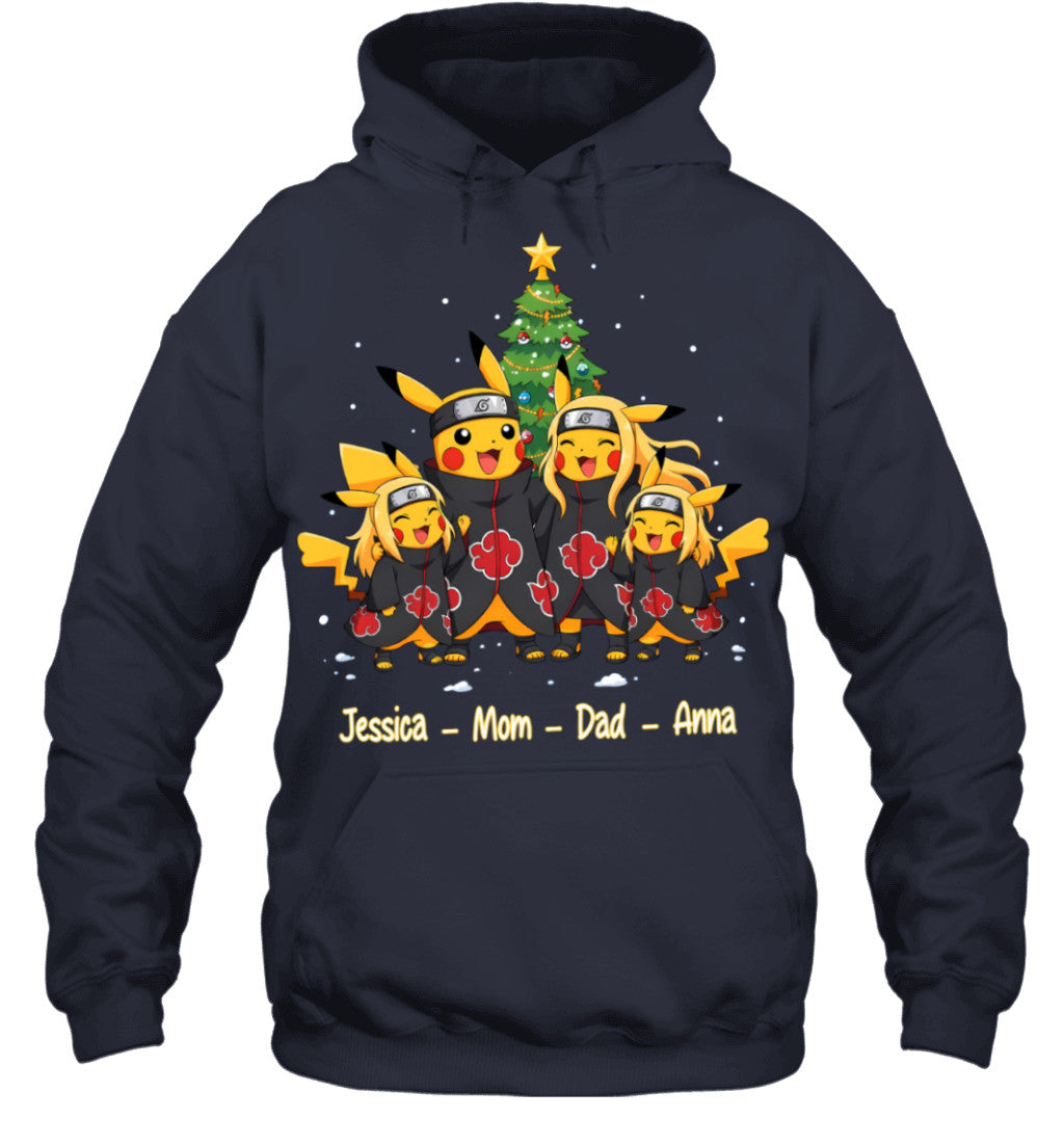 Pikachu x Uchiha Akatsuki Parents & Daughters Custom Name Christmas T-Shirt for Family