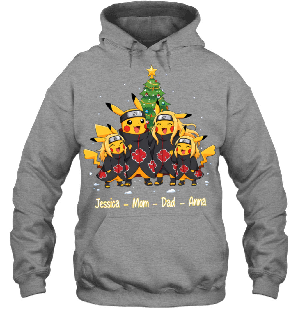 Pikachu x Uchiha Akatsuki Parents & Daughters Custom Name Christmas T-Shirt for Family