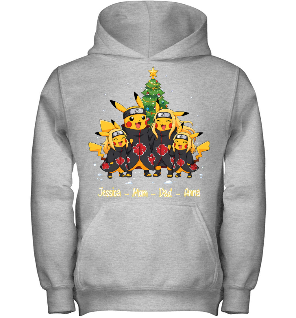 Pikachu x Uchiha Akatsuki Parents & Daughters Custom Name Christmas T-Shirt for Family