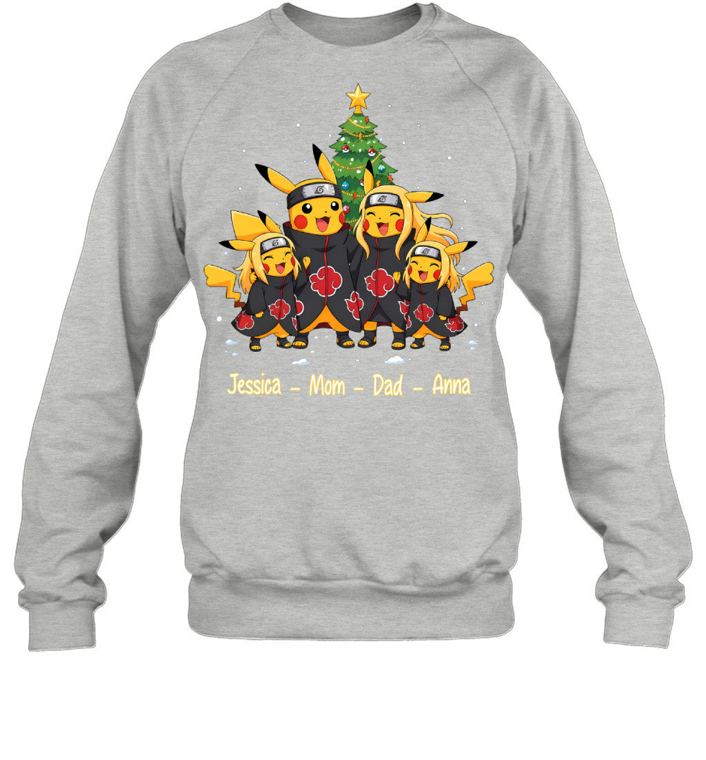 Pikachu x Uchiha Akatsuki Parents & Daughters Custom Name Christmas T-Shirt for Family