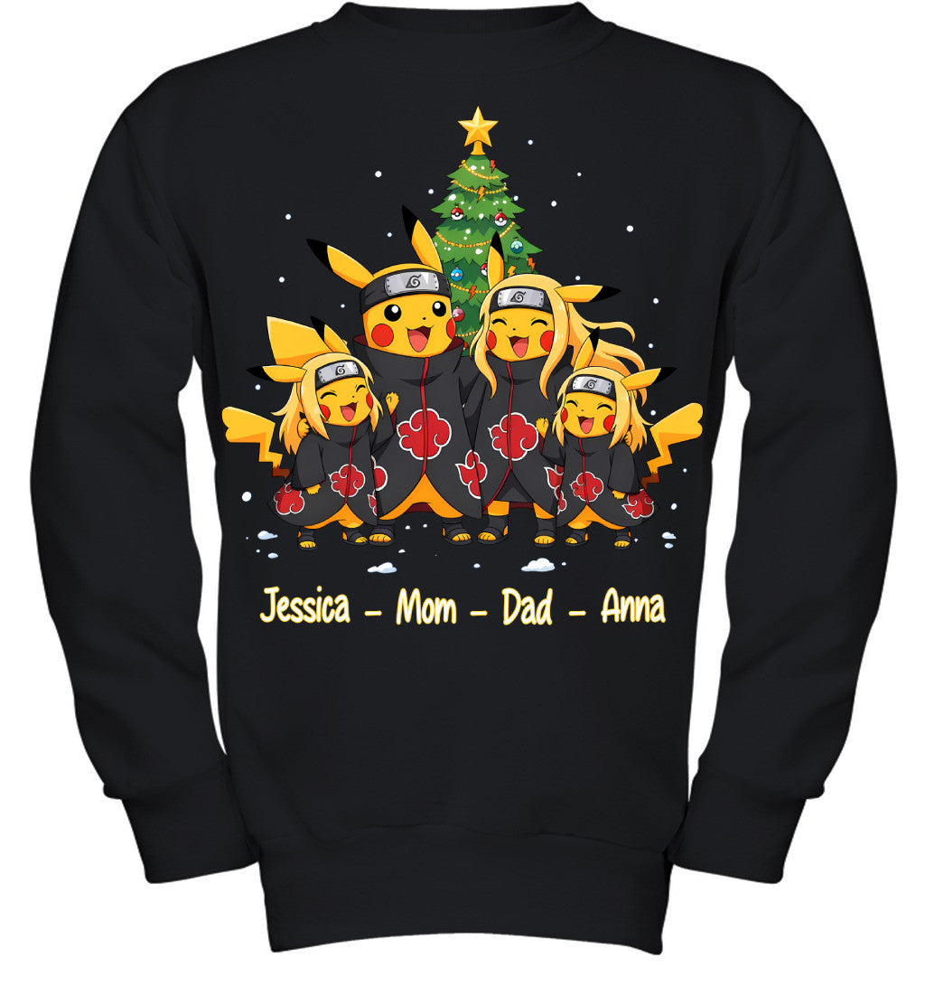Pikachu x Uchiha Akatsuki Parents & Daughters Custom Name Christmas T-Shirt for Family
