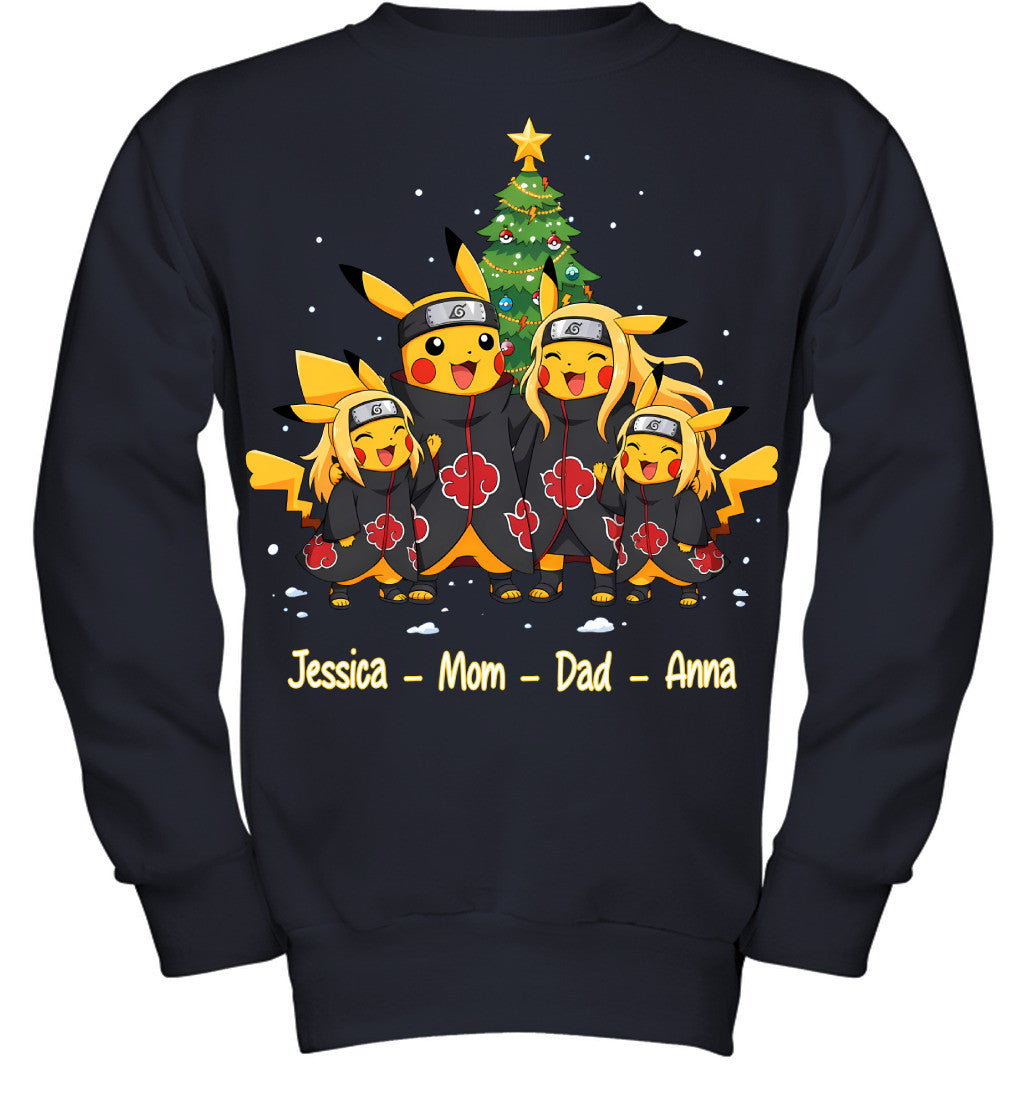 Pikachu x Uchiha Akatsuki Parents & Daughters Custom Name Christmas T-Shirt for Family