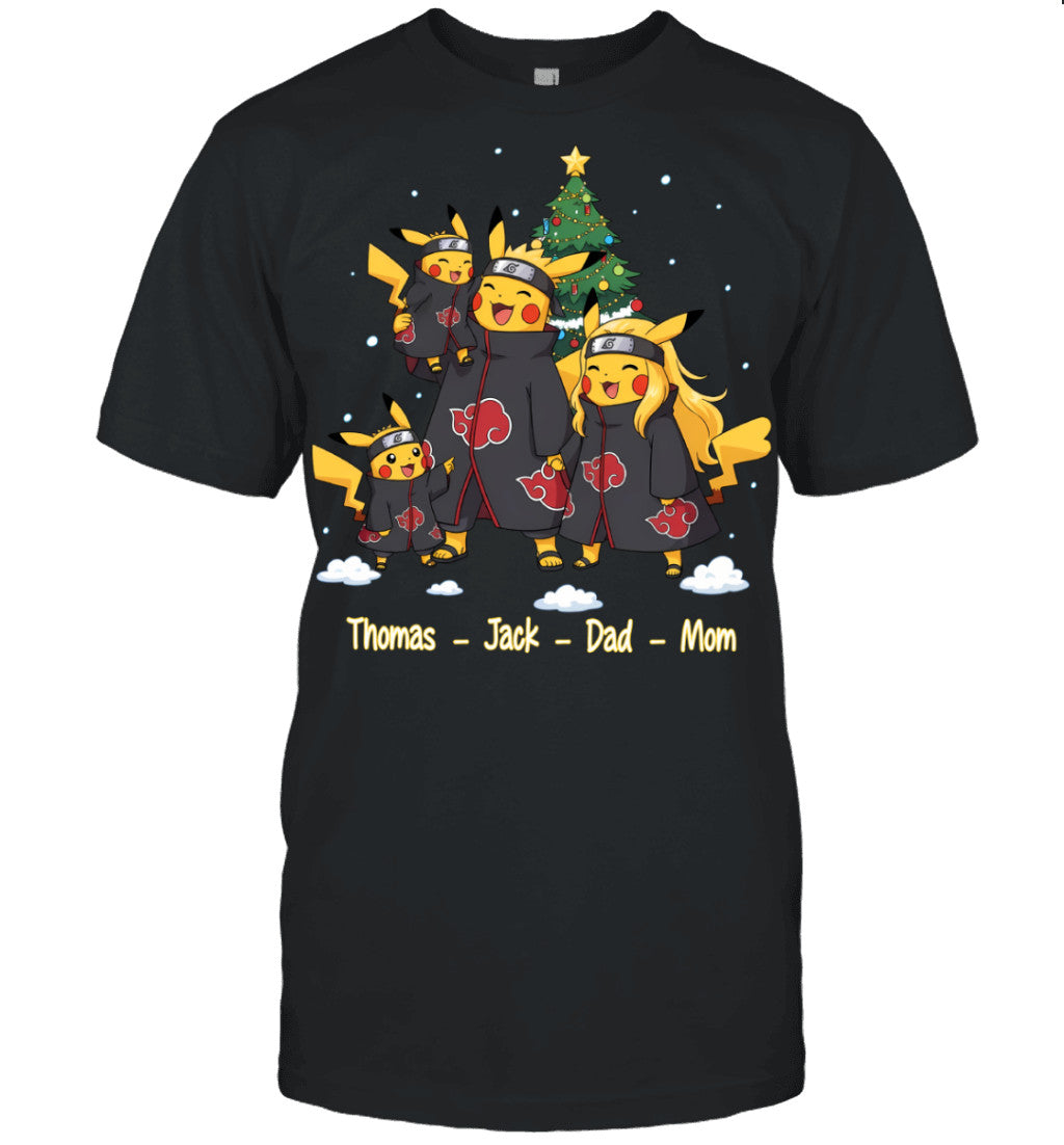 Pikachu x Uchiha Akatsuki Parents & Sons Custom Name Christmas T-Shirt for Family