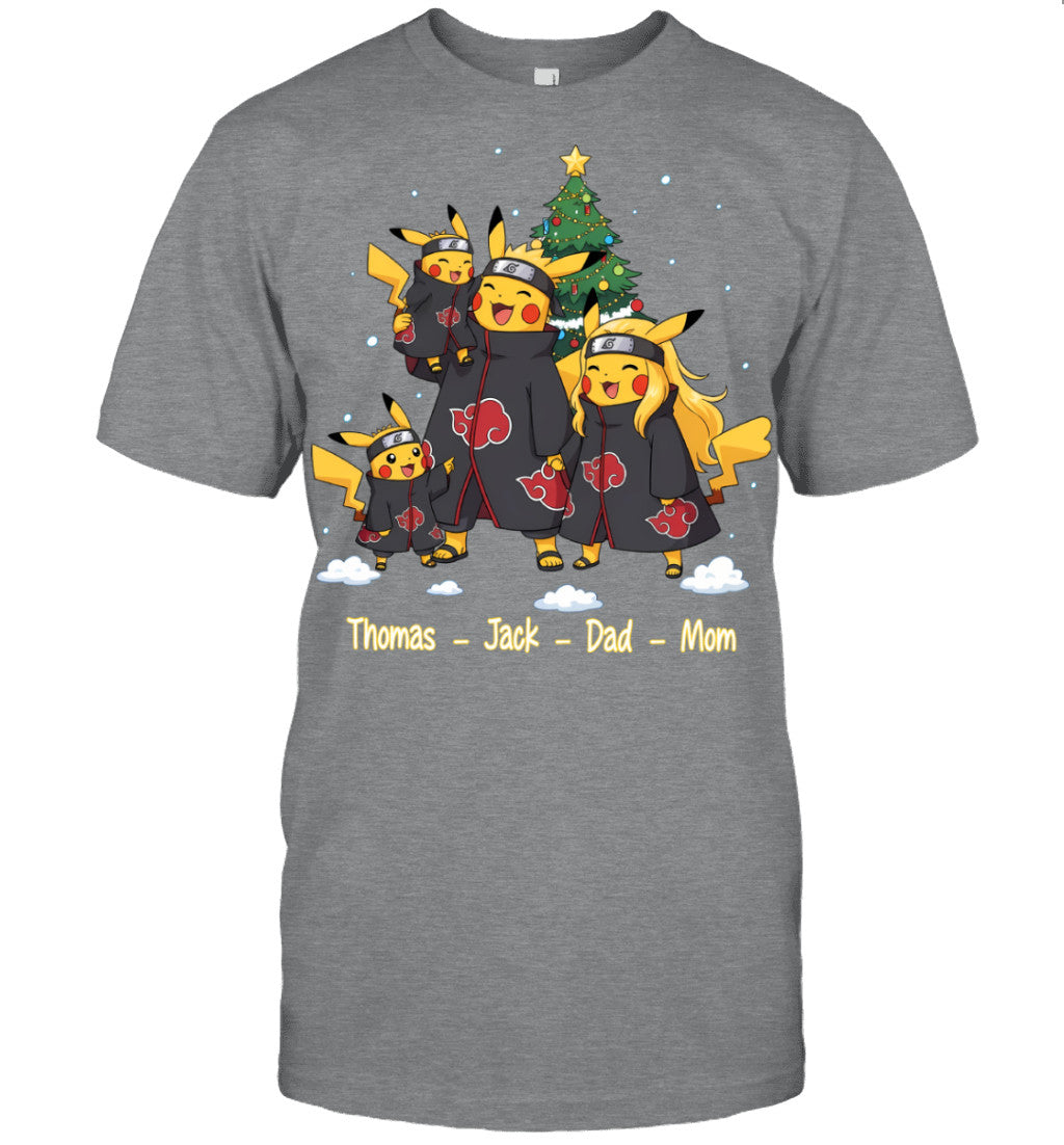 Pikachu x Uchiha Akatsuki Parents & Sons Custom Name Christmas T-Shirt for Family