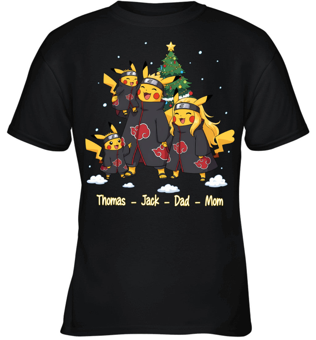 Pikachu x Uchiha Akatsuki Parents & Sons Custom Name Christmas T-Shirt for Family