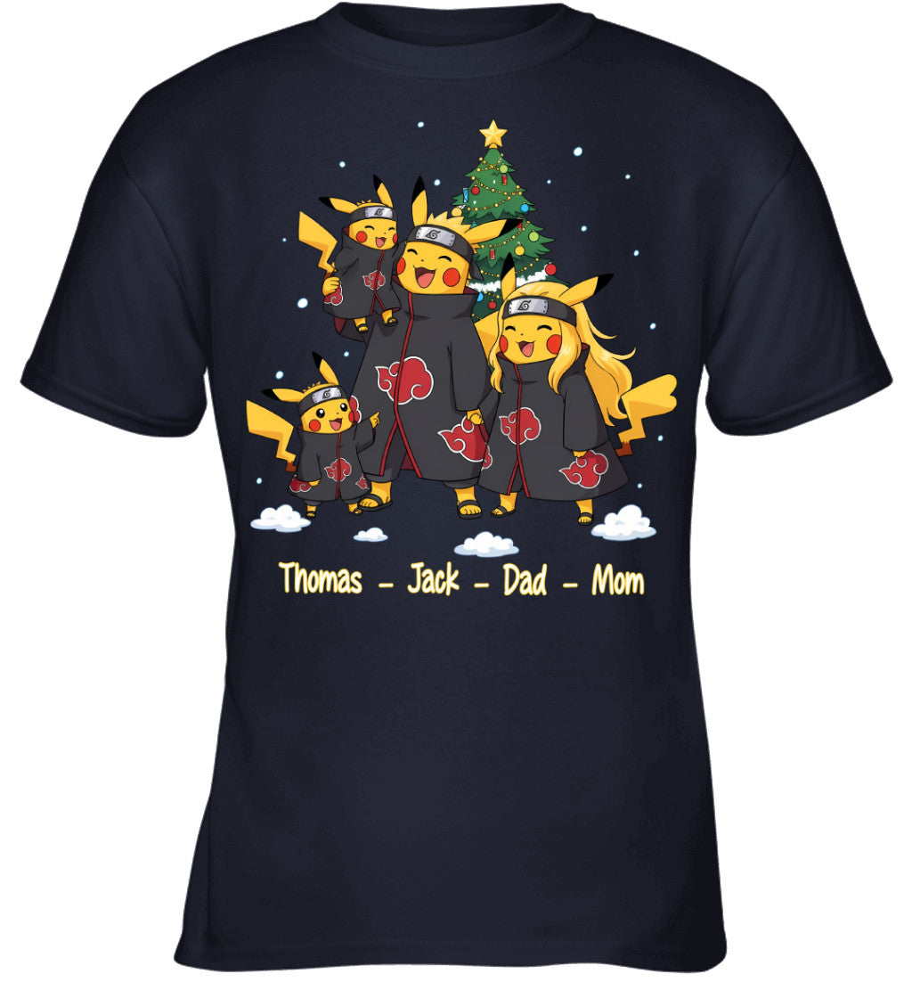 Pikachu x Uchiha Akatsuki Parents & Sons Custom Name Christmas T-Shirt for Family