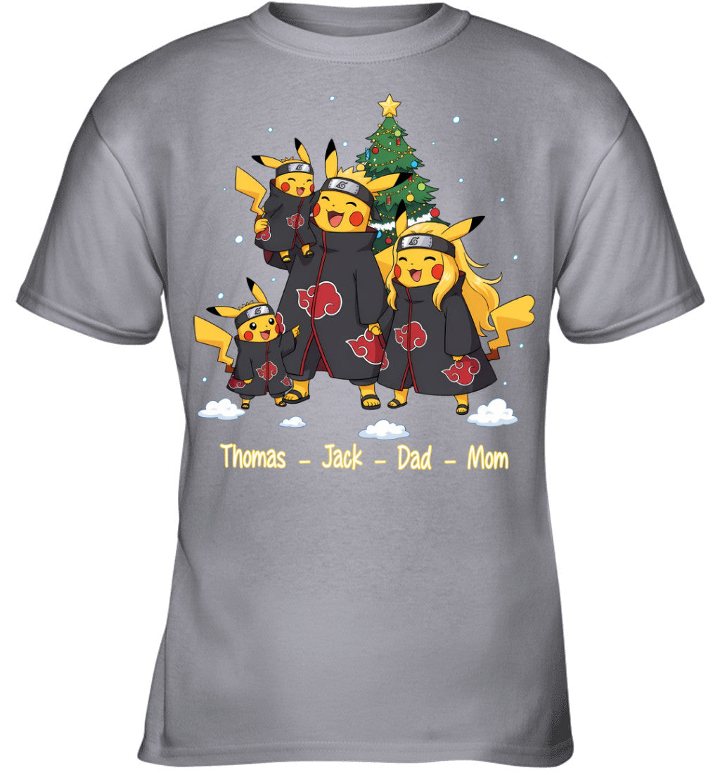 Pikachu x Uchiha Akatsuki Parents & Sons Custom Name Christmas T-Shirt for Family