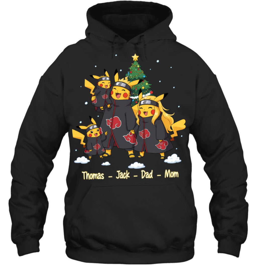 Pikachu x Uchiha Akatsuki Parents & Sons Custom Name Christmas T-Shirt for Family