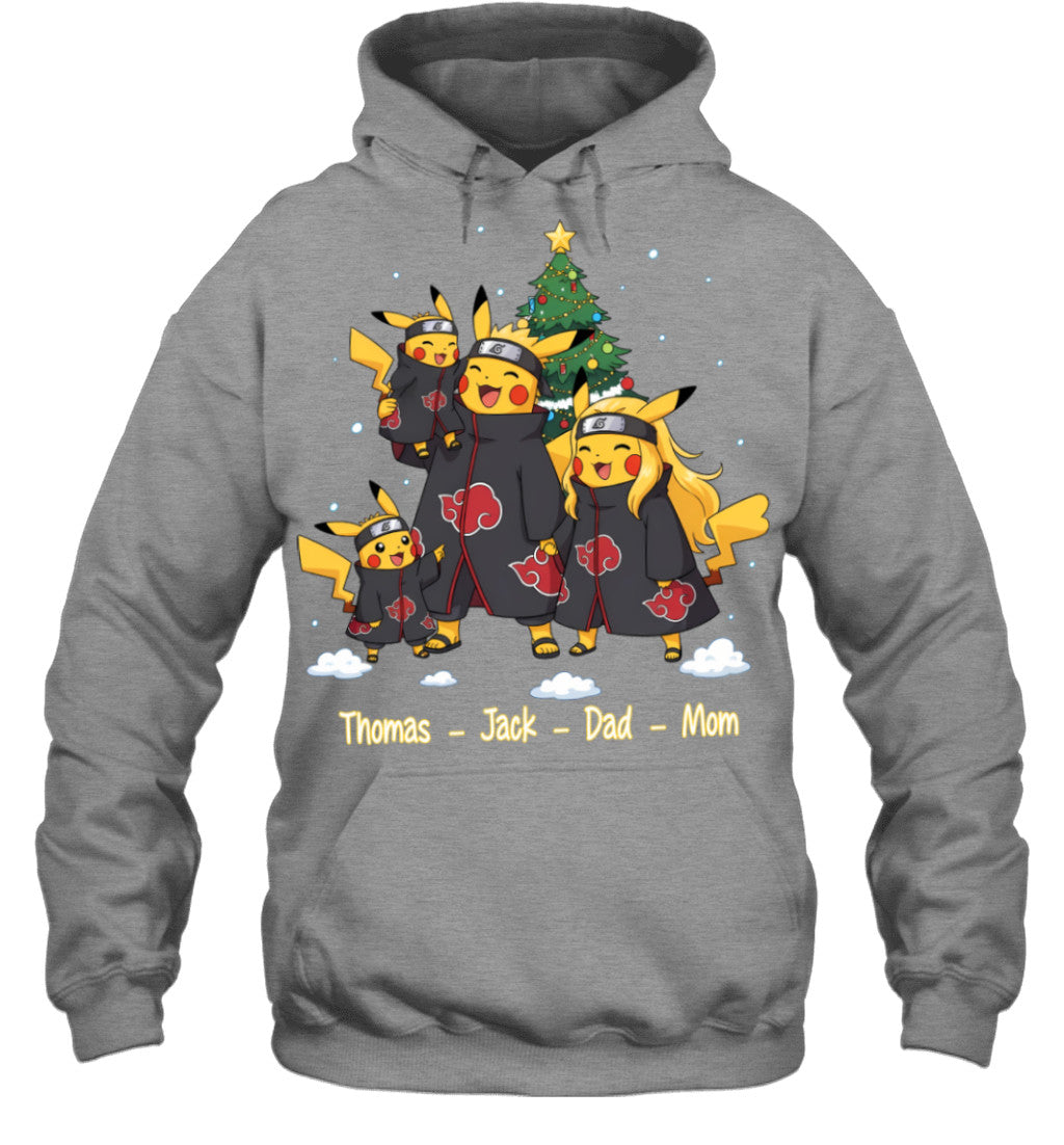 Pikachu x Uchiha Akatsuki Parents & Sons Custom Name Christmas T-Shirt for Family