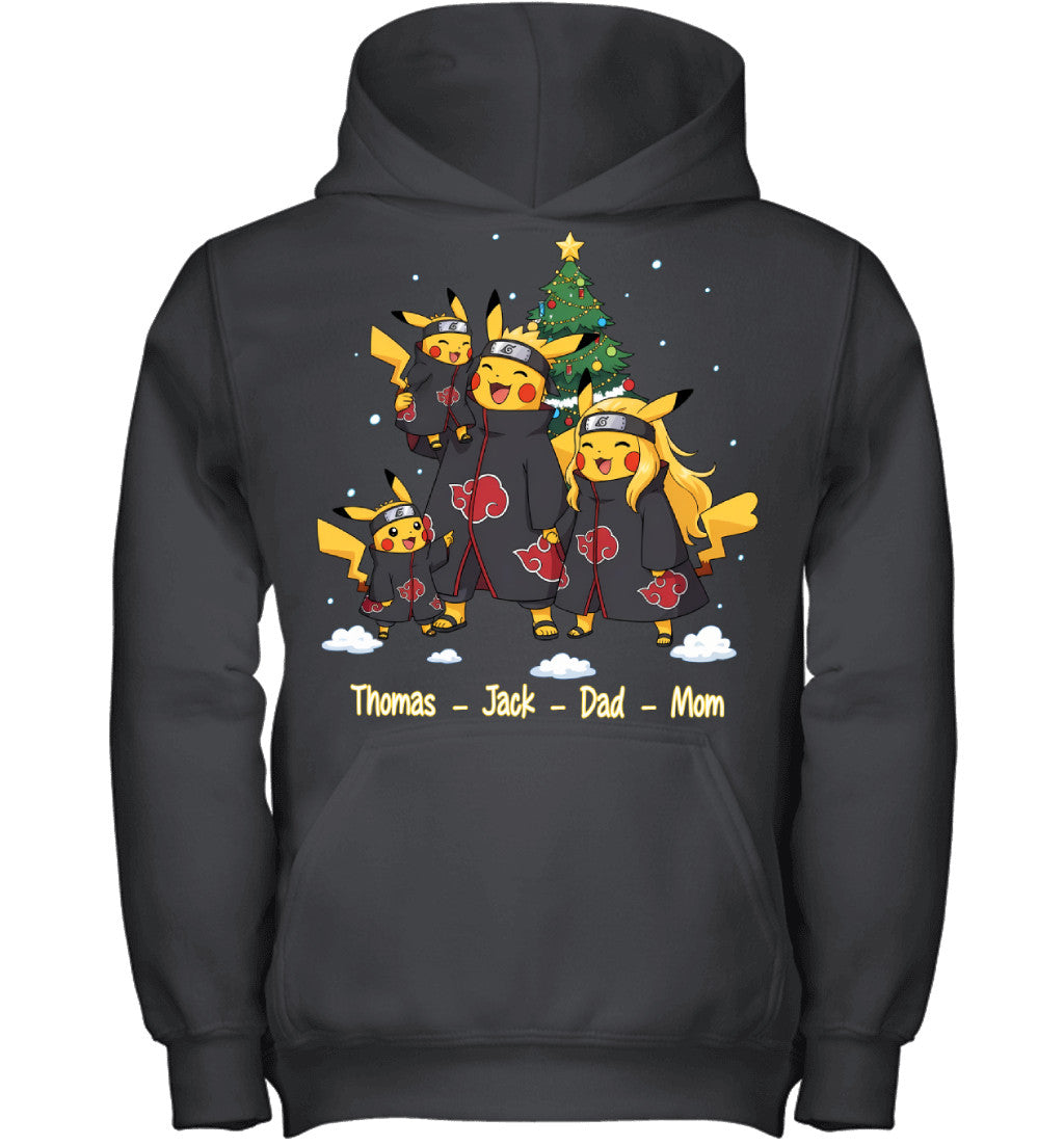 Pikachu x Uchiha Akatsuki Parents & Sons Custom Name Christmas T-Shirt for Family