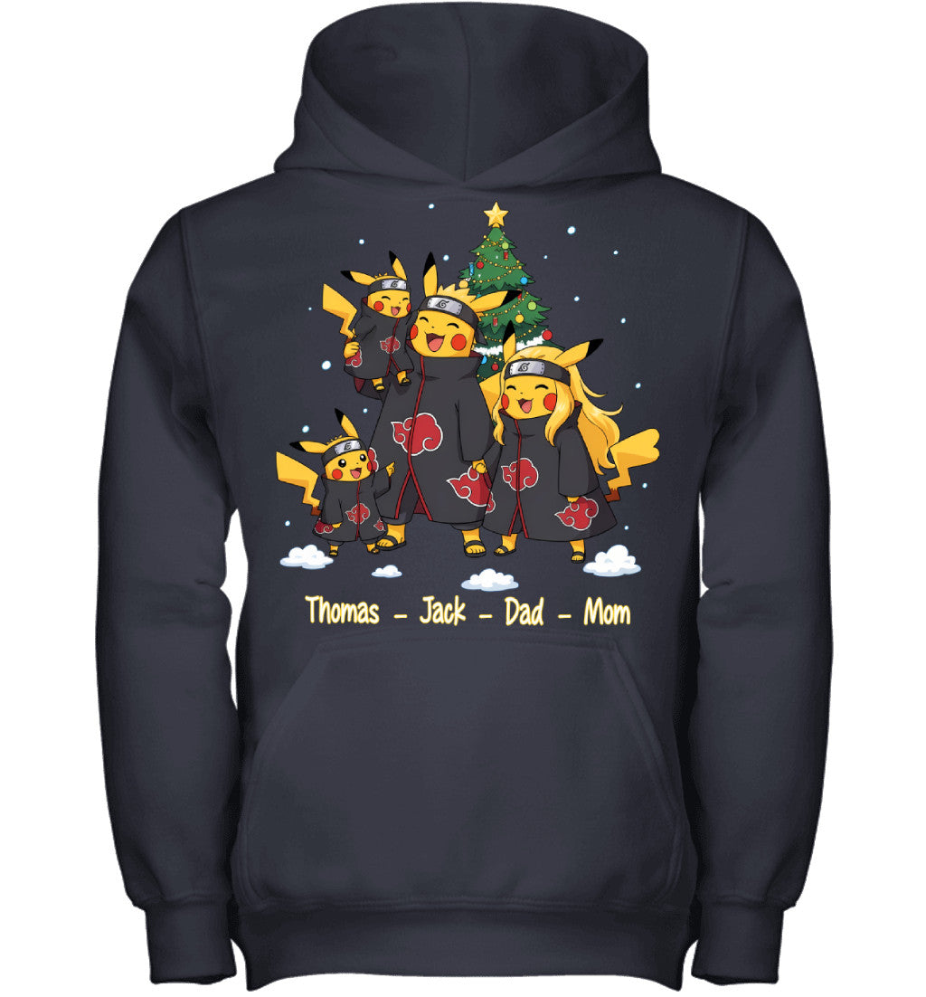 Pikachu x Uchiha Akatsuki Parents & Sons Custom Name Christmas T-Shirt for Family
