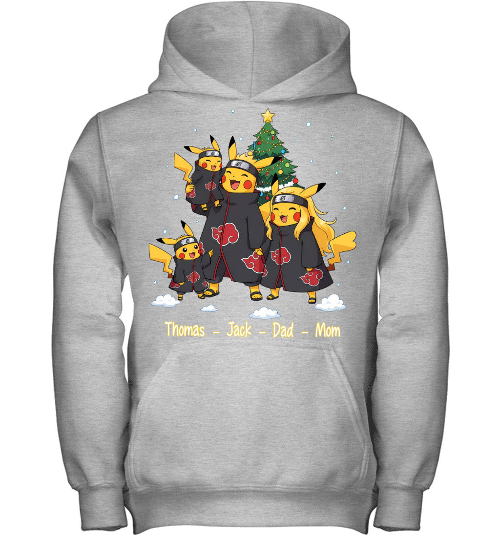 Pikachu x Uchiha Akatsuki Parents & Sons Custom Name Christmas T-Shirt for Family