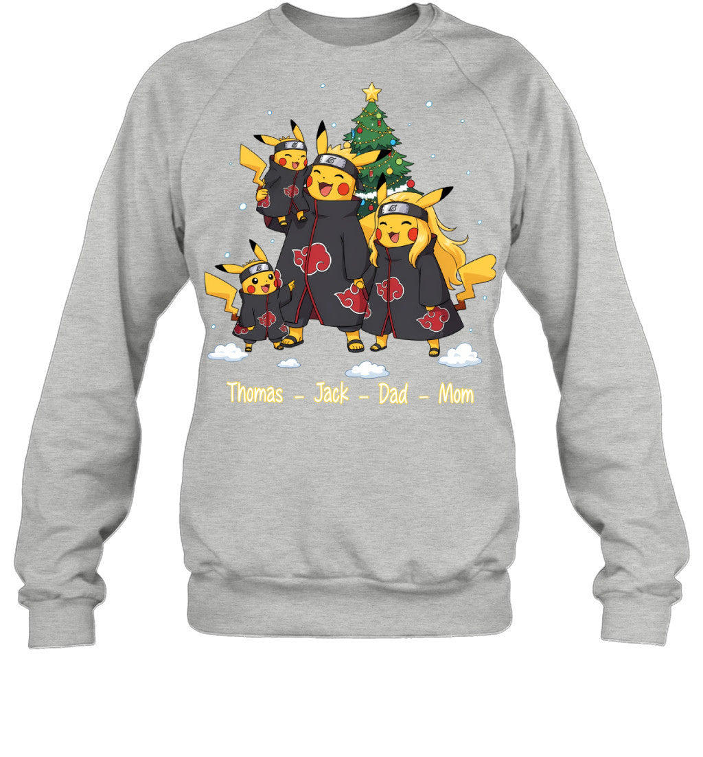 Pikachu x Uchiha Akatsuki Parents & Sons Custom Name Christmas T-Shirt for Family