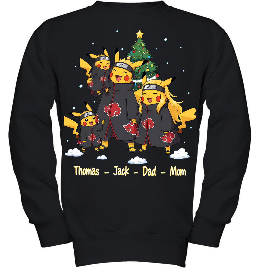 Pikachu x Uchiha Akatsuki Parents & Sons Custom Name Christmas T-Shirt for Family