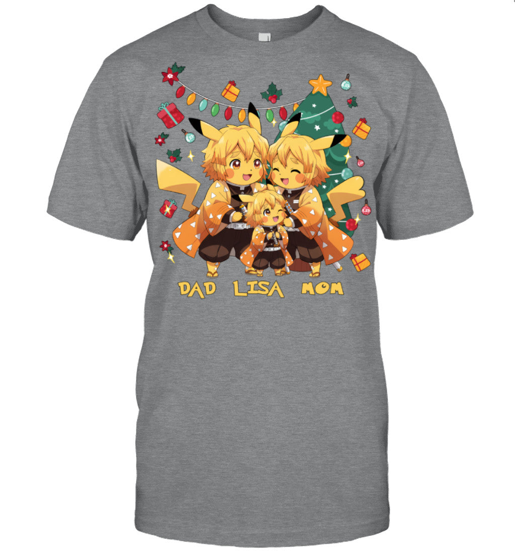Pikachu x Zenitsu Parents & Daughter Custom Name Christmas T-Shirt for Family