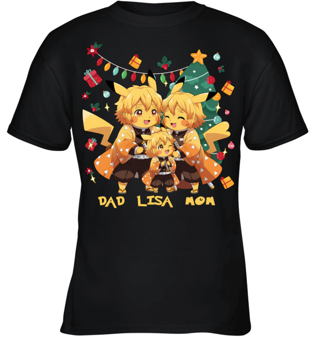 Pikachu x Zenitsu Parents & Daughter Custom Name Christmas T-Shirt for Family