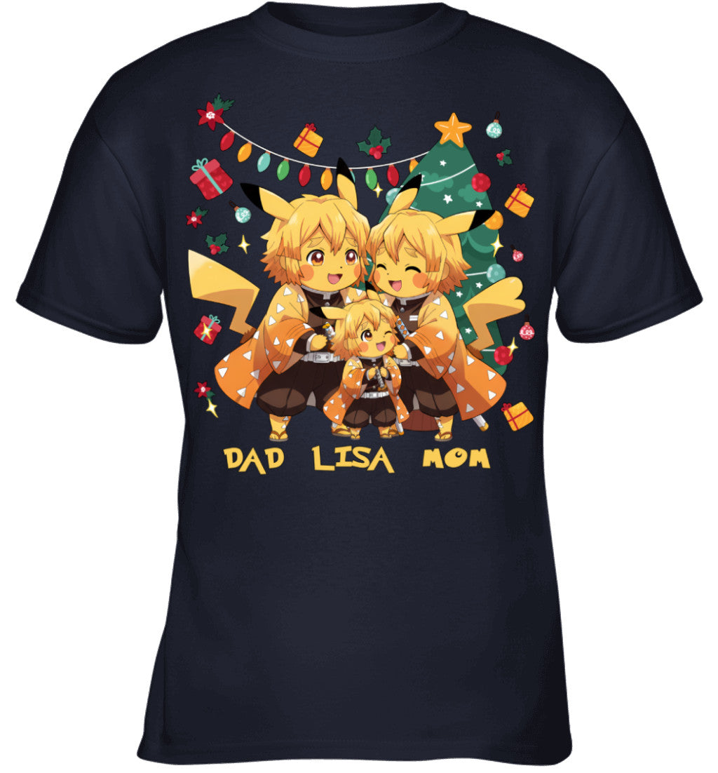 Pikachu x Zenitsu Parents & Daughter Custom Name Christmas T-Shirt for Family