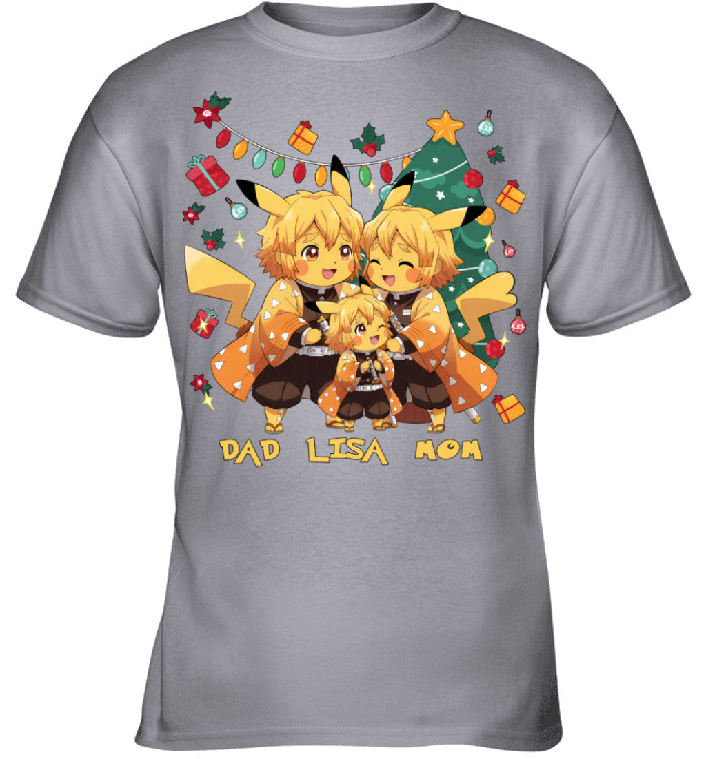 Pikachu x Zenitsu Parents & Daughter Custom Name Christmas T-Shirt for Family