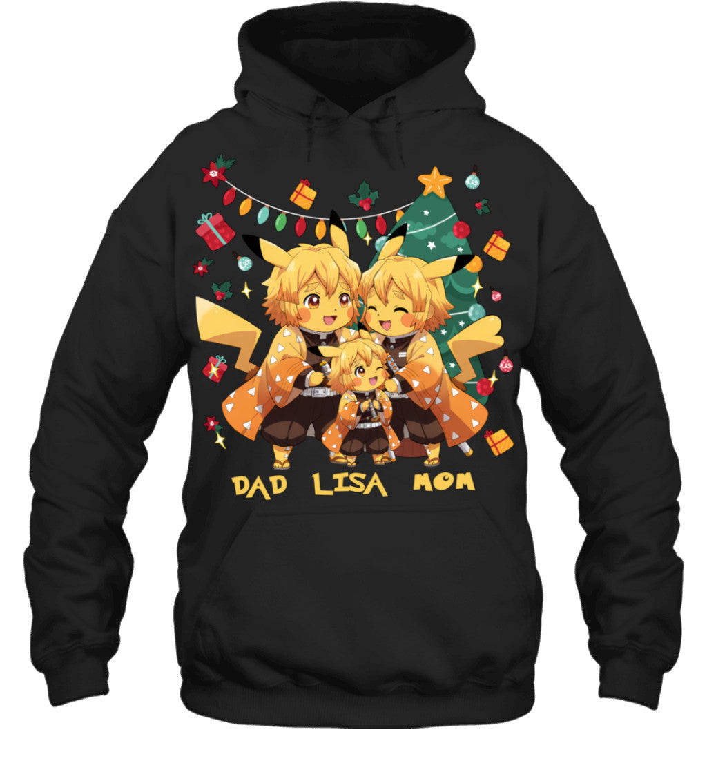 Pikachu x Zenitsu Parents & Daughter Custom Name Christmas T-Shirt for Family