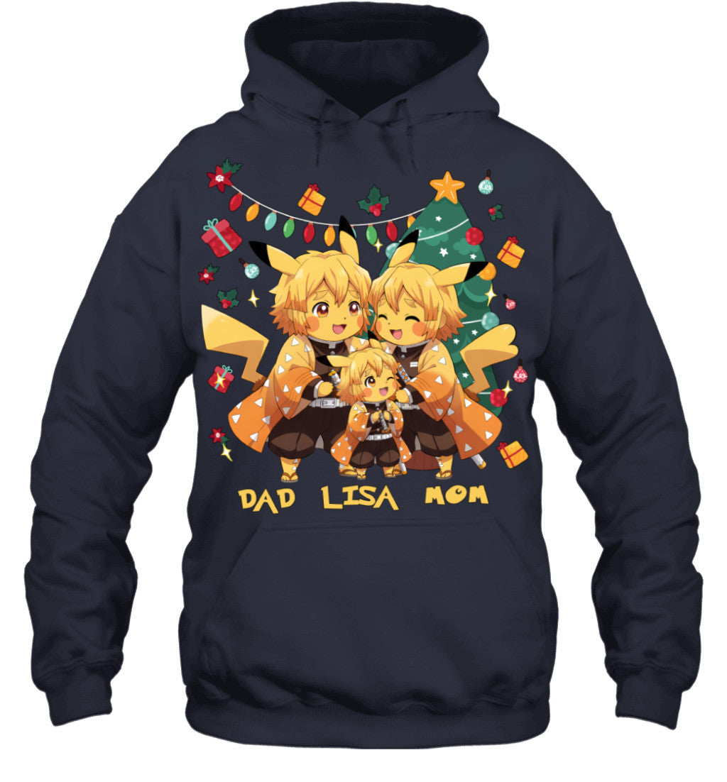 Pikachu x Zenitsu Parents & Daughter Custom Name Christmas T-Shirt for Family