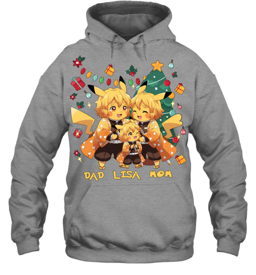 Pikachu x Zenitsu Parents & Daughter Custom Name Christmas T-Shirt for Family