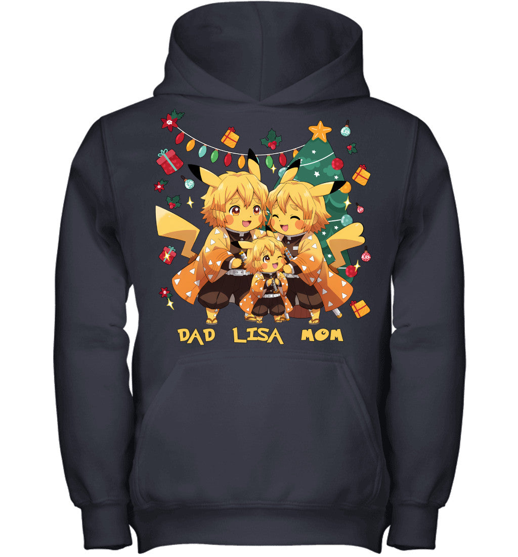 Pikachu x Zenitsu Parents & Daughter Custom Name Christmas T-Shirt for Family