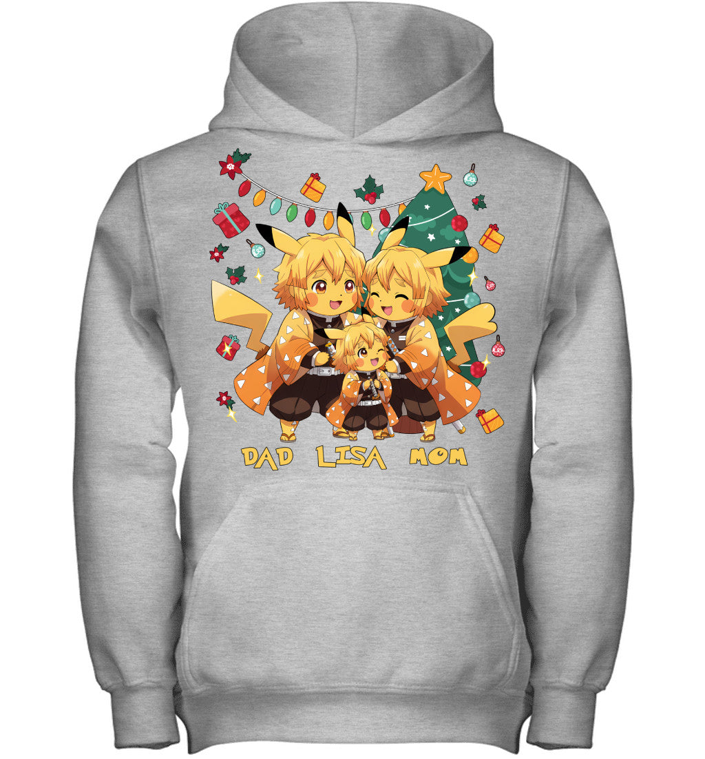 Pikachu x Zenitsu Parents & Daughter Custom Name Christmas T-Shirt for Family