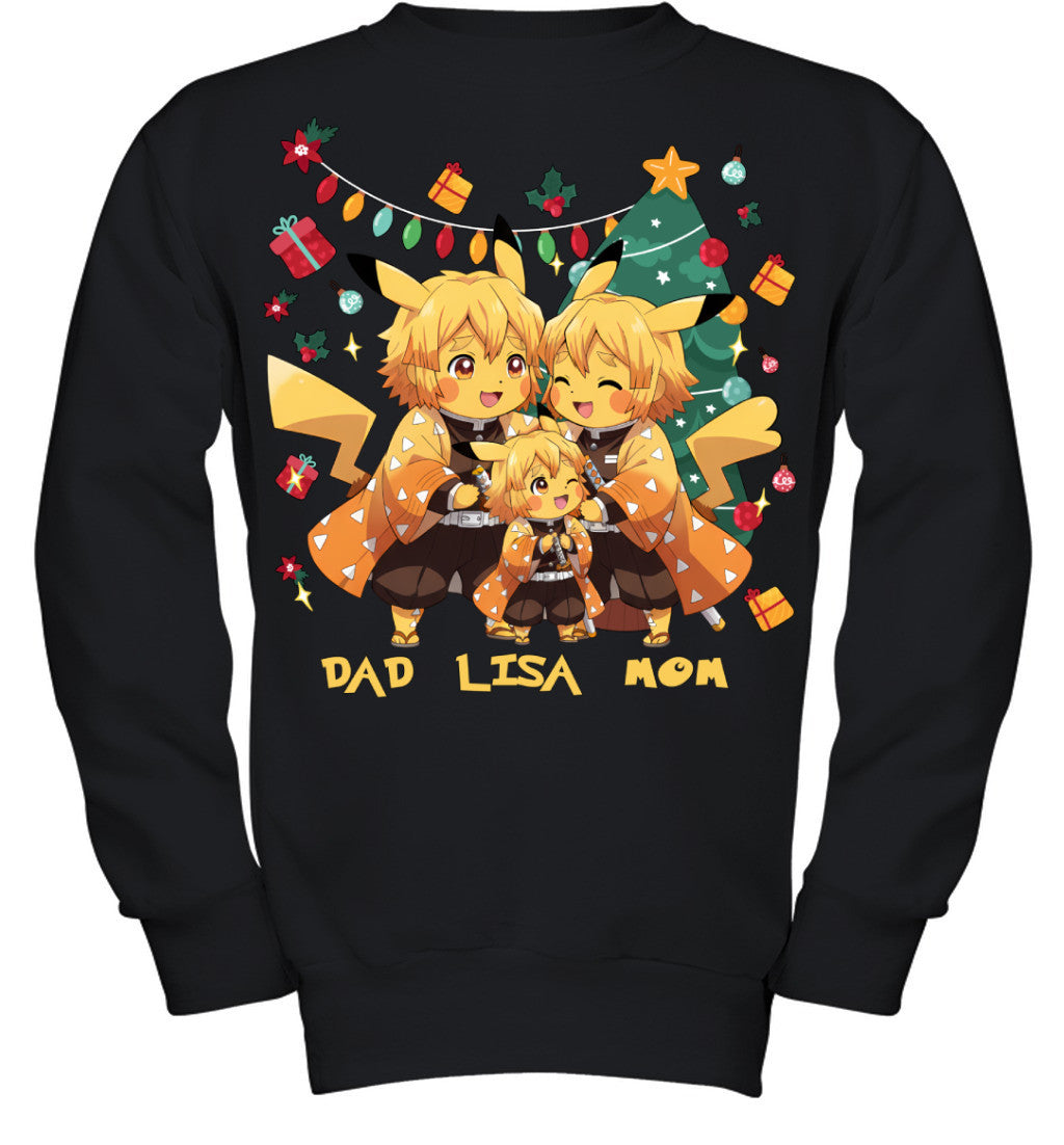 Pikachu x Zenitsu Parents & Daughter Custom Name Christmas T-Shirt for Family