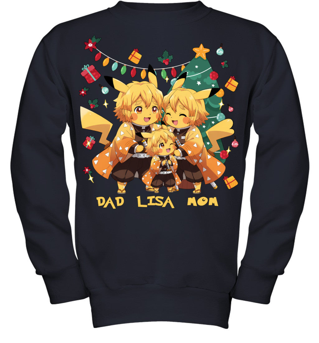 Pikachu x Zenitsu Parents & Daughter Custom Name Christmas T-Shirt for Family