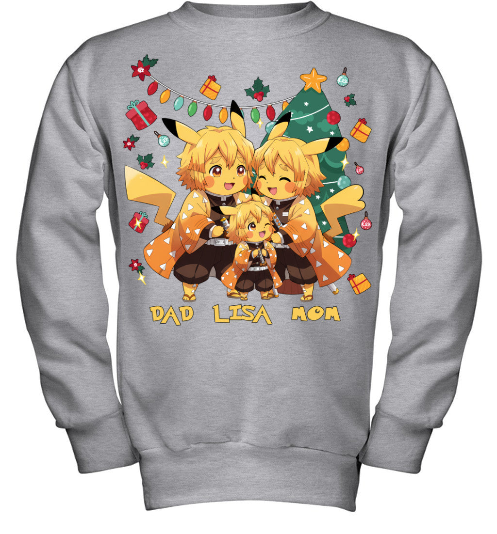 Pikachu x Zenitsu Parents & Daughter Custom Name Christmas T-Shirt for Family