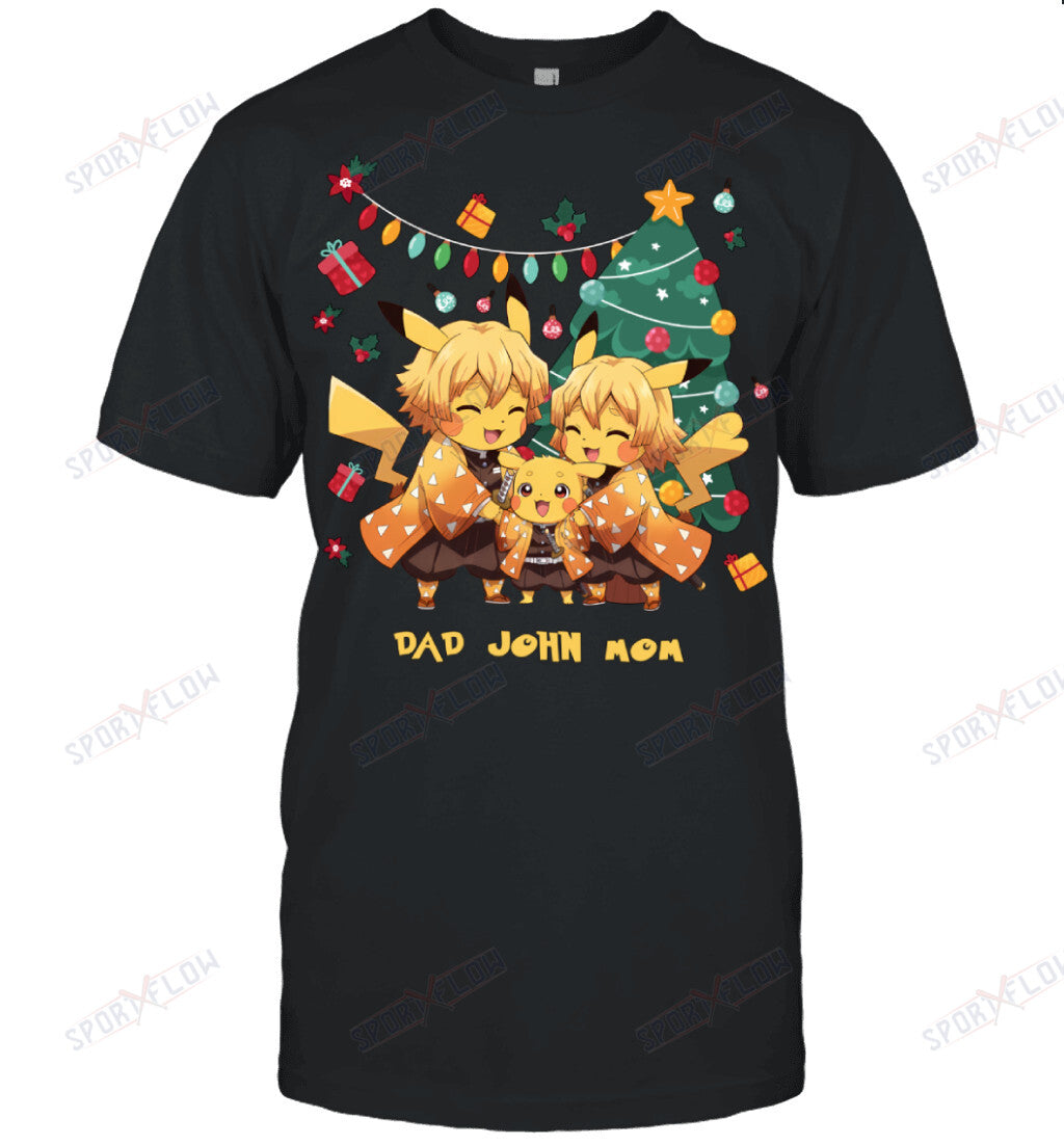 Pikachu x Zenitsu Parents & Son Custom Name Christmas T-Shirt for Family