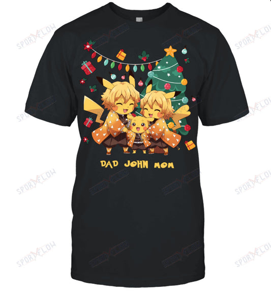 Pikachu x Zenitsu Parents & Son Custom Name Christmas T-Shirt for Family