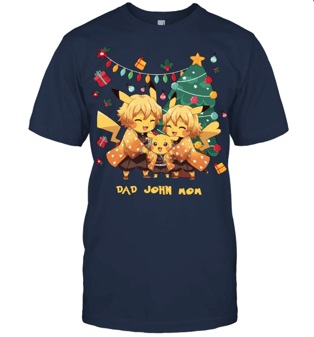 Pikachu x Zenitsu Parents & Son Custom Name Christmas T-Shirt for Family