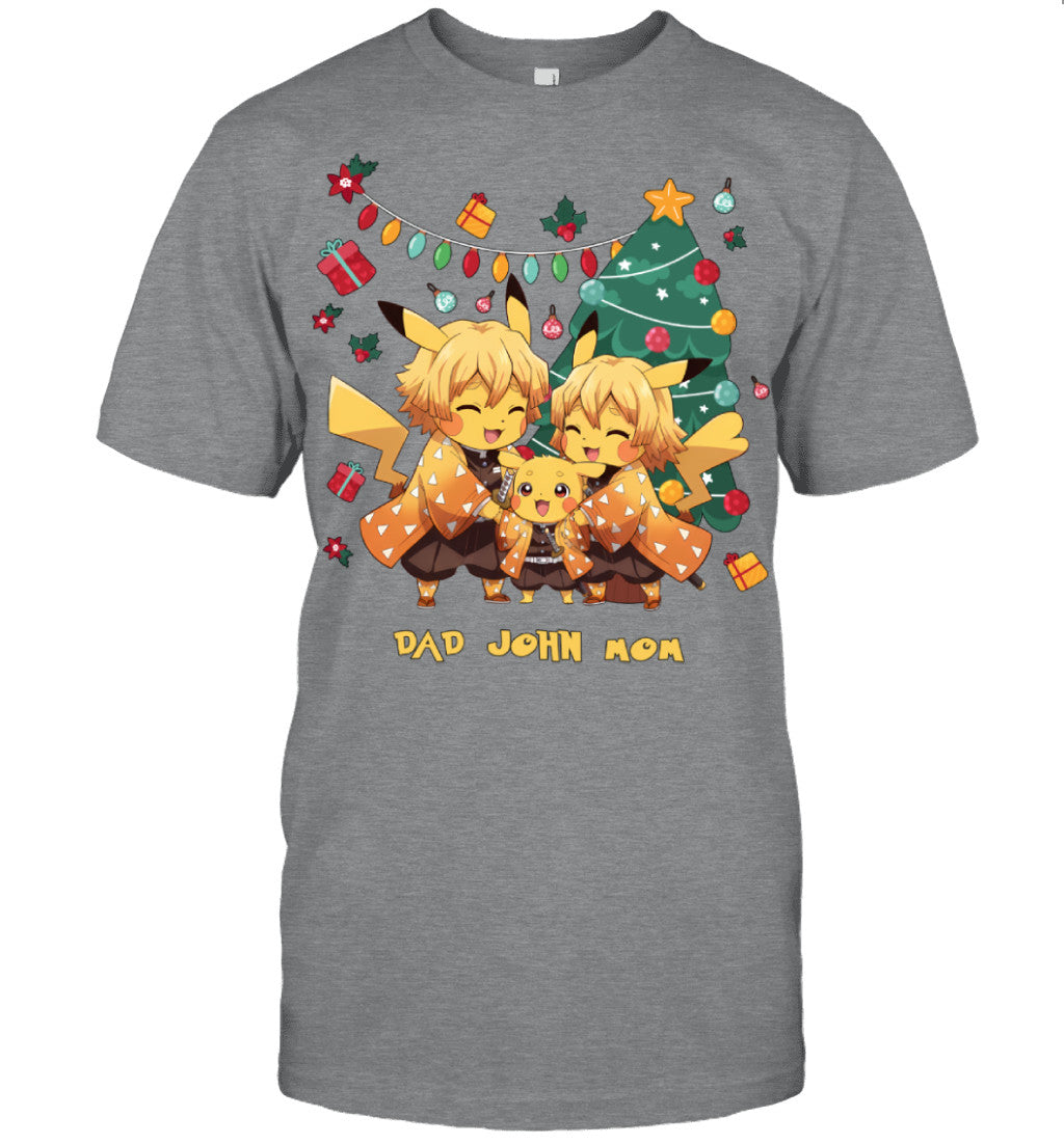 Pikachu x Zenitsu Parents & Son Custom Name Christmas T-Shirt for Family