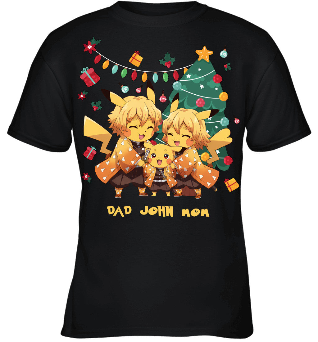 Pikachu x Zenitsu Parents & Son Custom Name Christmas T-Shirt for Family