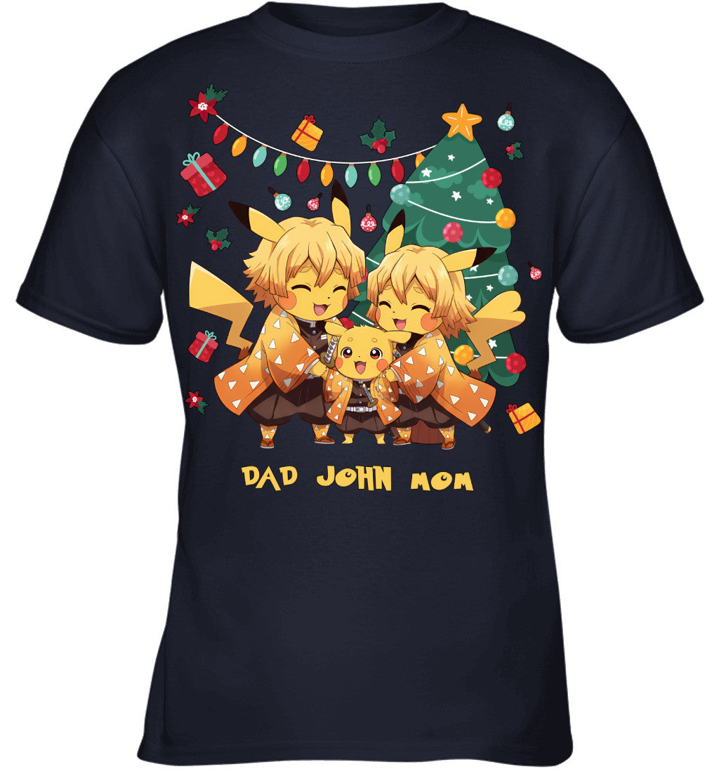 Pikachu x Zenitsu Parents & Son Custom Name Christmas T-Shirt for Family