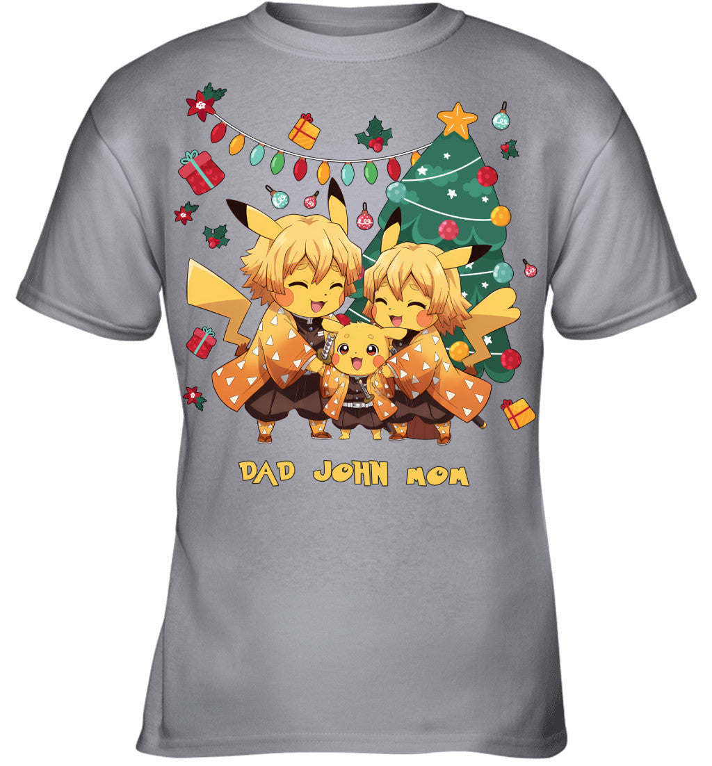 Pikachu x Zenitsu Parents & Son Custom Name Christmas T-Shirt for Family