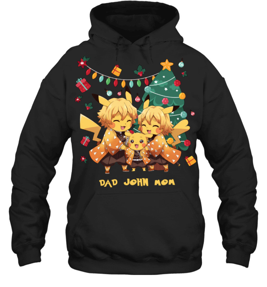 Pikachu x Zenitsu Parents & Son Custom Name Christmas T-Shirt for Family