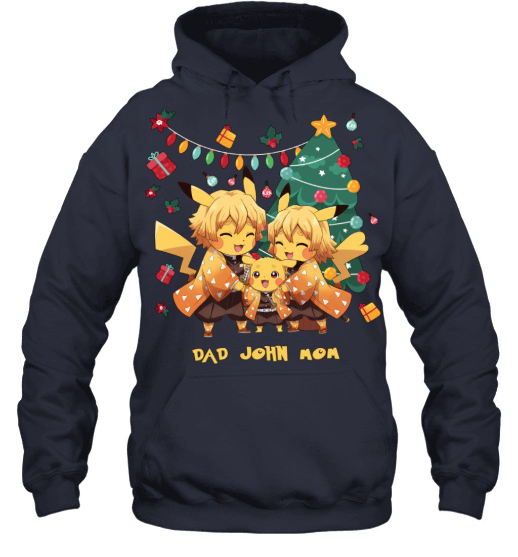 Pikachu x Zenitsu Parents & Son Custom Name Christmas T-Shirt for Family