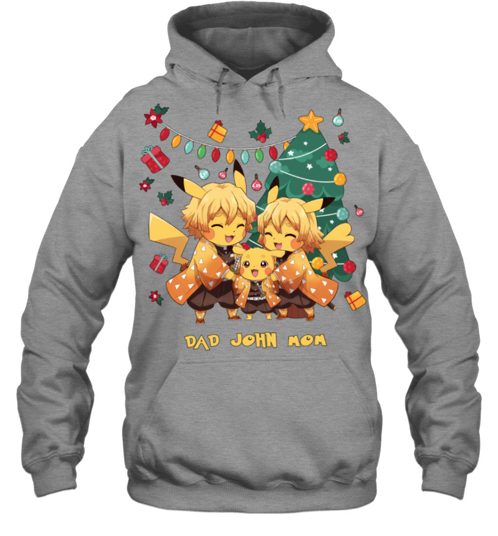 Pikachu x Zenitsu Parents & Son Custom Name Christmas T-Shirt for Family