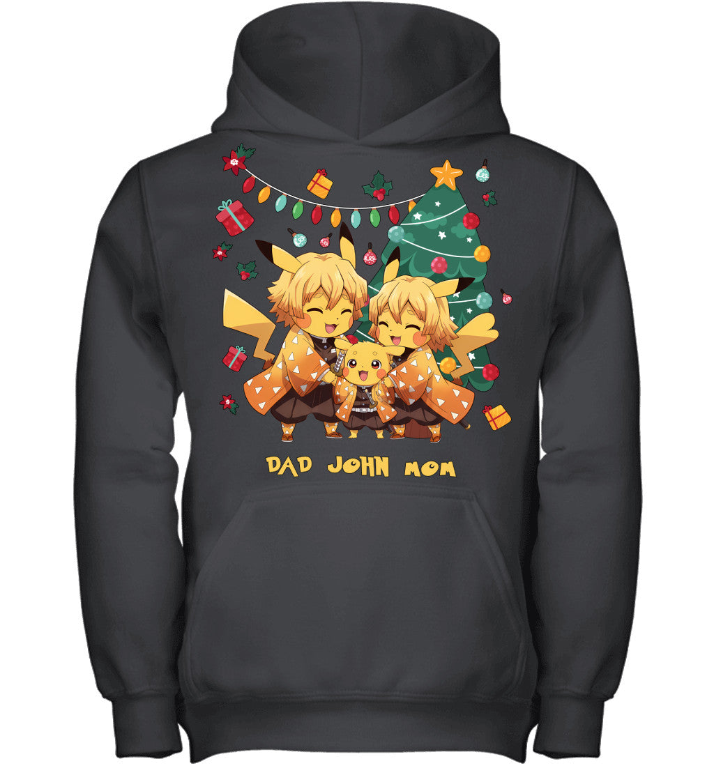 Pikachu x Zenitsu Parents & Son Custom Name Christmas T-Shirt for Family