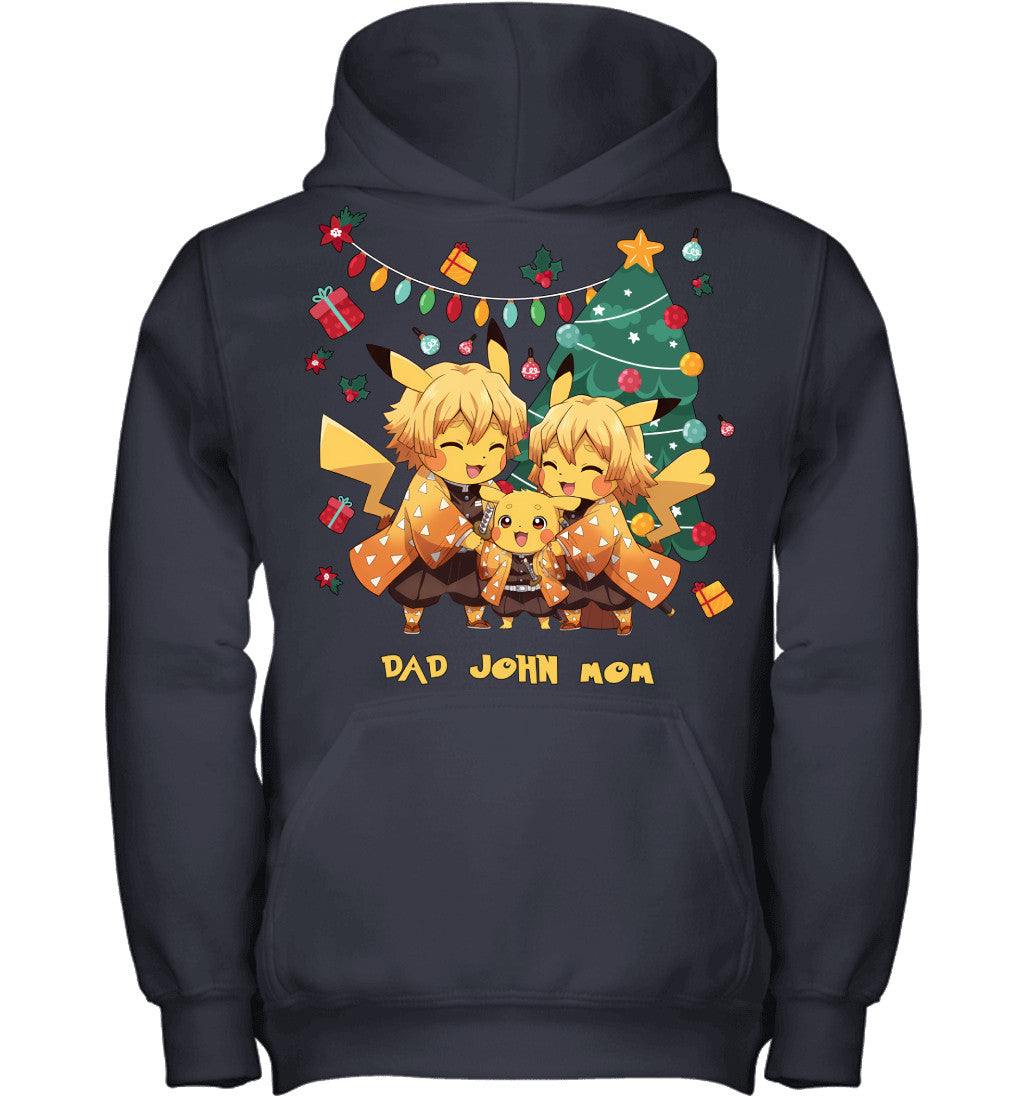 Pikachu x Zenitsu Parents & Son Custom Name Christmas T-Shirt for Family